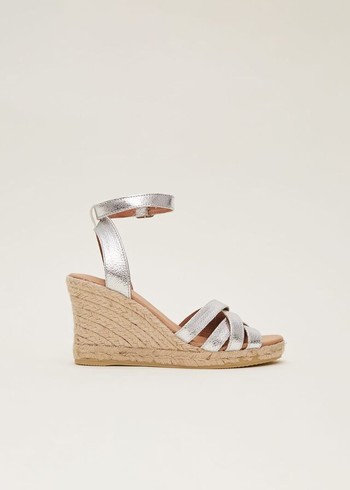 Phase Eight Leather Strappy Espadrilles Heels Silver Australia | AO6543081